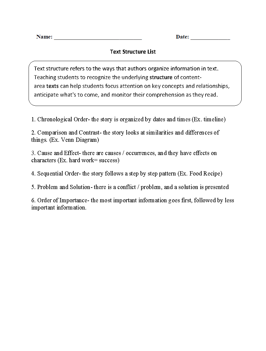 Text Structure Worksheets Text Structure List Worksheet