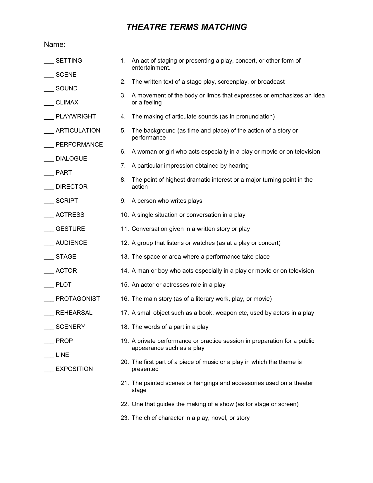 Theatre Terms Matching Worksheet