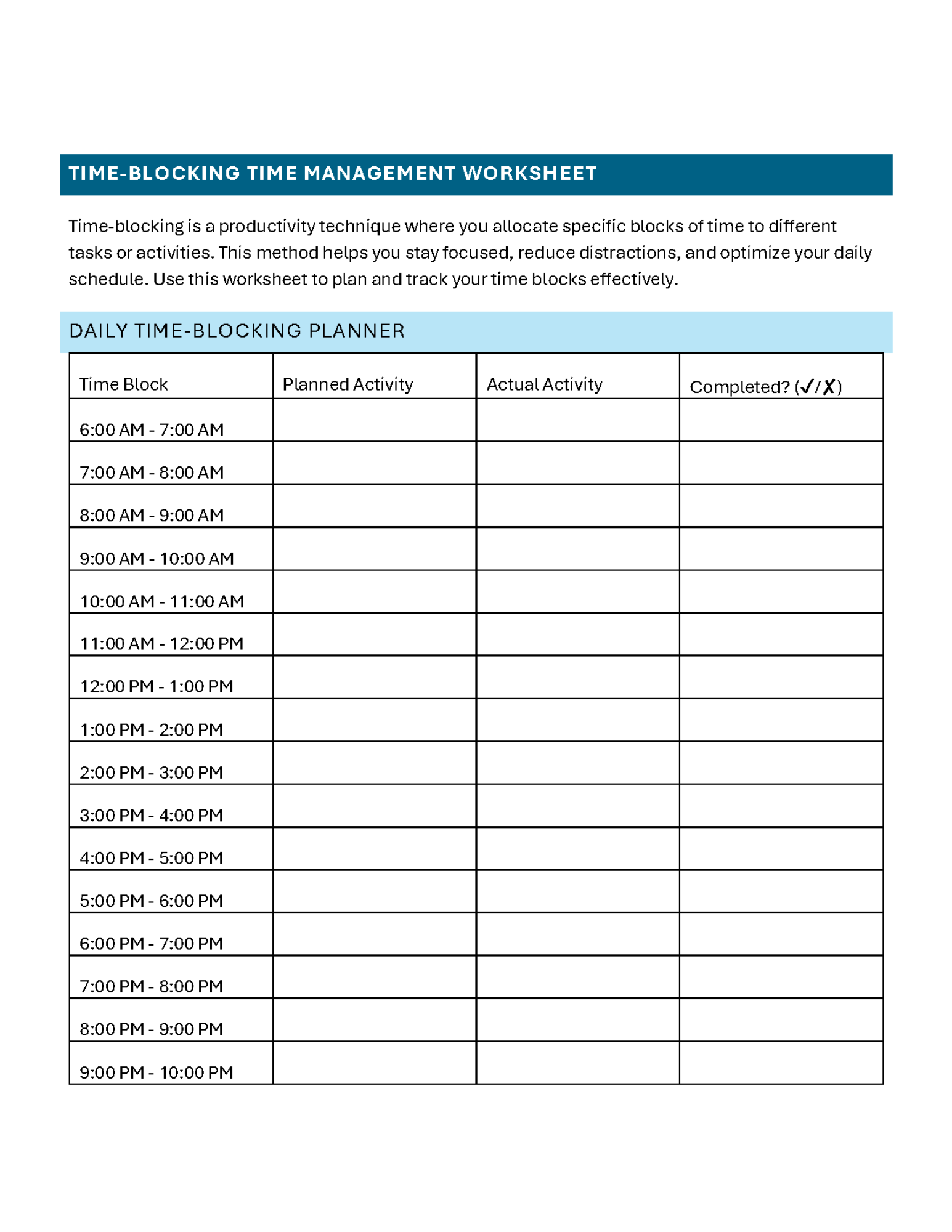 Time Management Worksheet Free Printable Guide