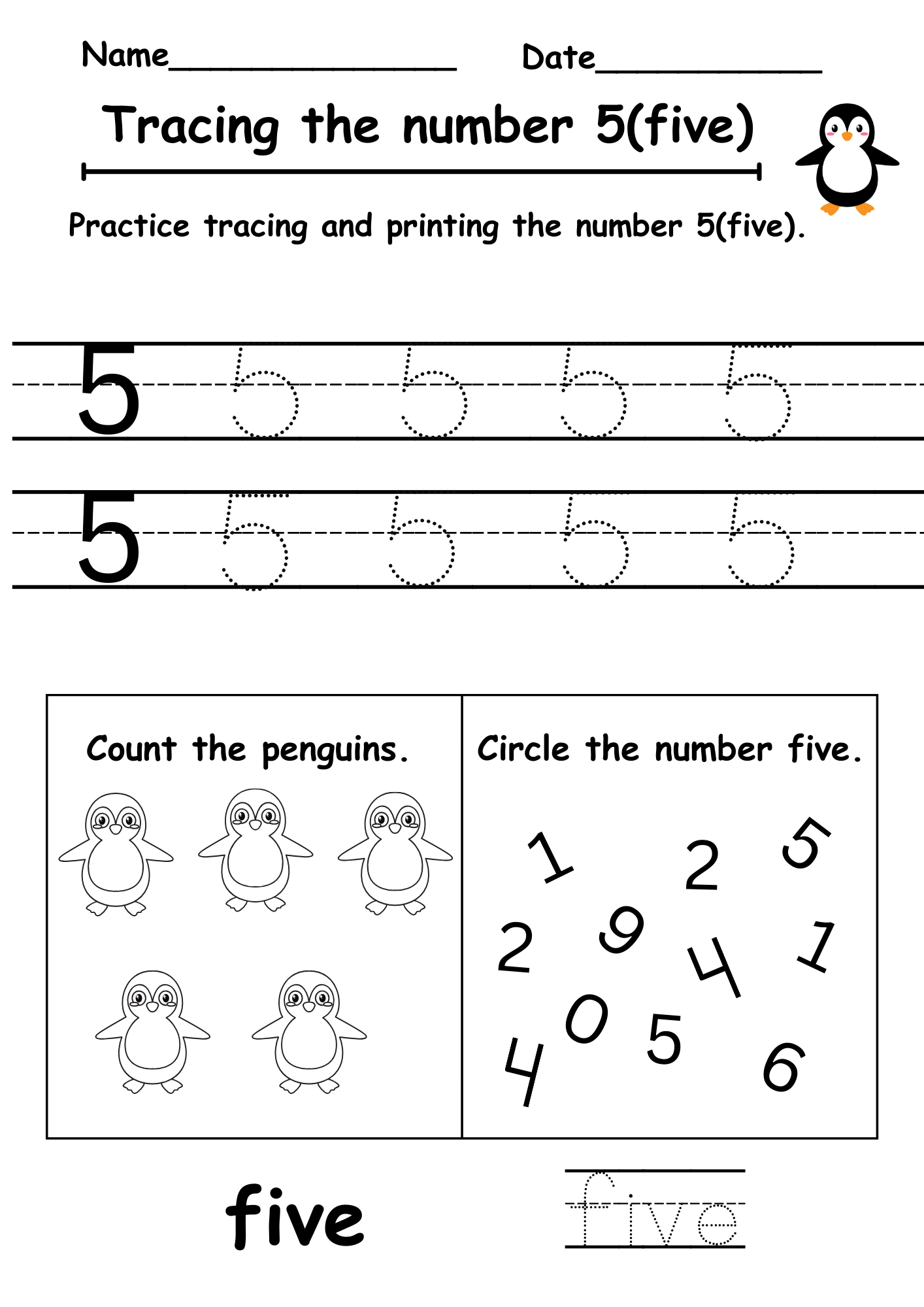 Tracing Number 5 Free Worksheet
