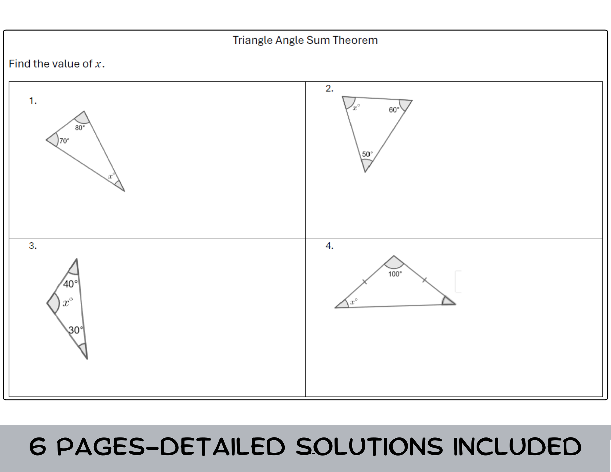 Triangle Angle Sum Theorem Worksheet with Solutions Teaching Resources