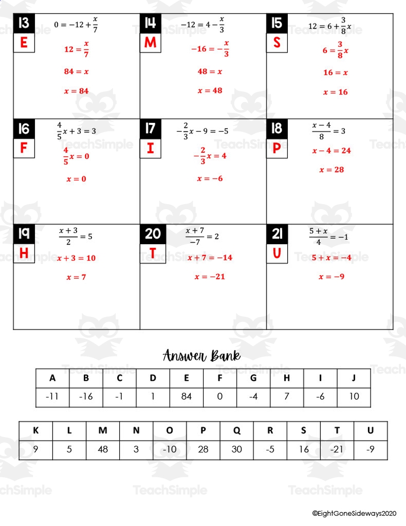 Two Step Equations Solve Match Worksheet By Teach Simple