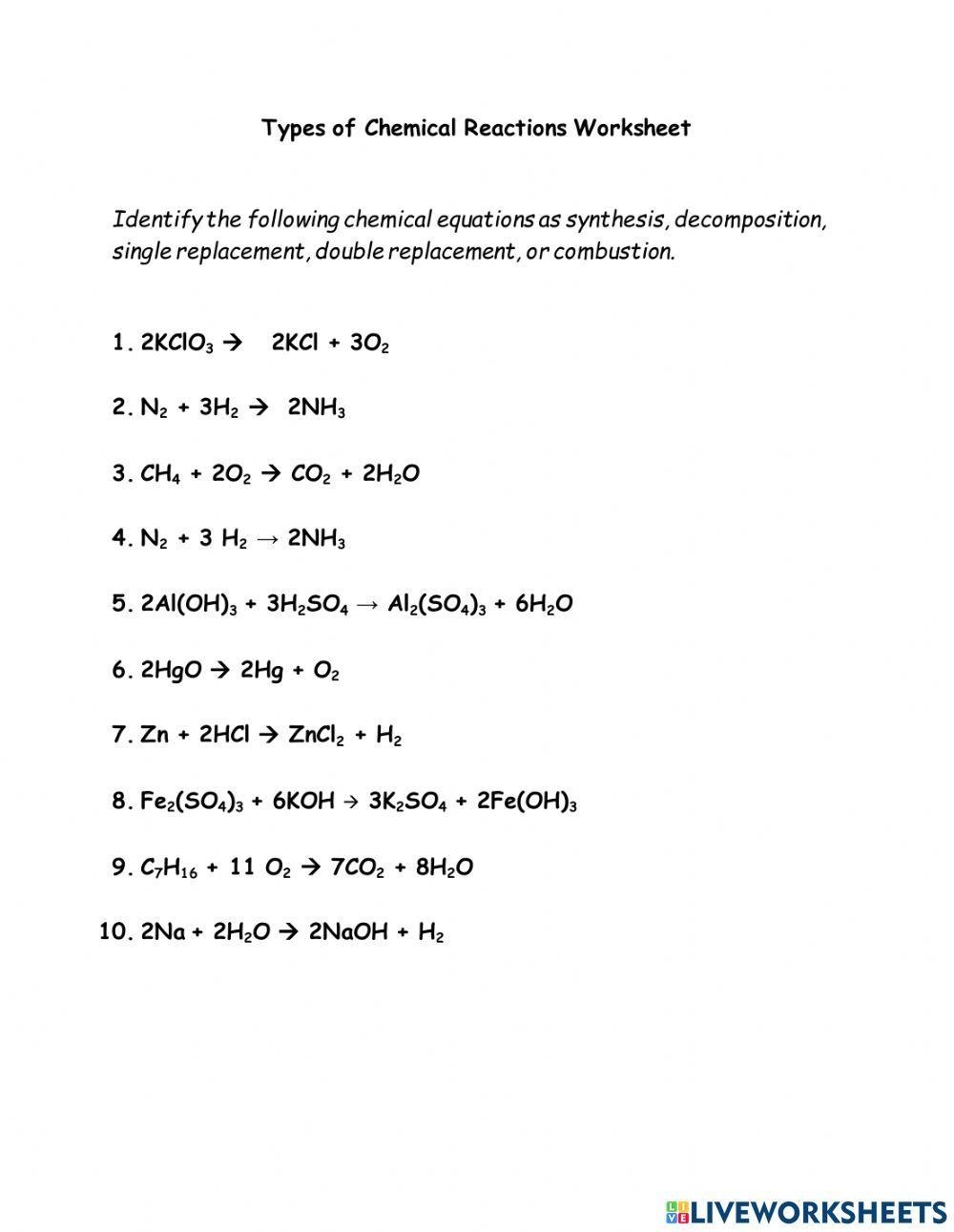 types of chemical reactions worksheet
