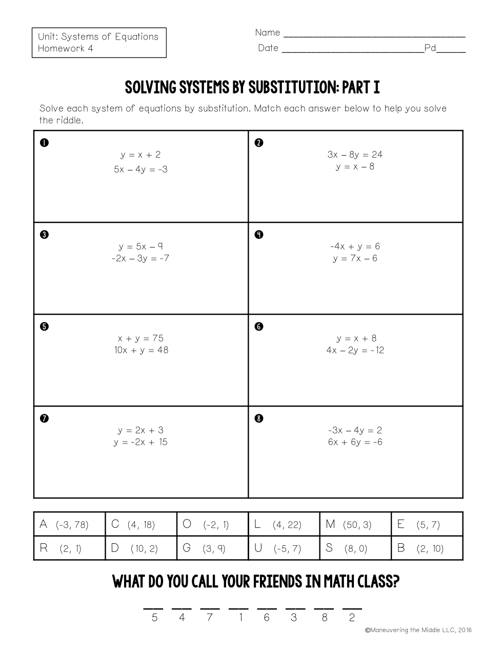 Unit 5 Lesson 4 Homework Solving Systems By Substitution 1 Worksheets Library