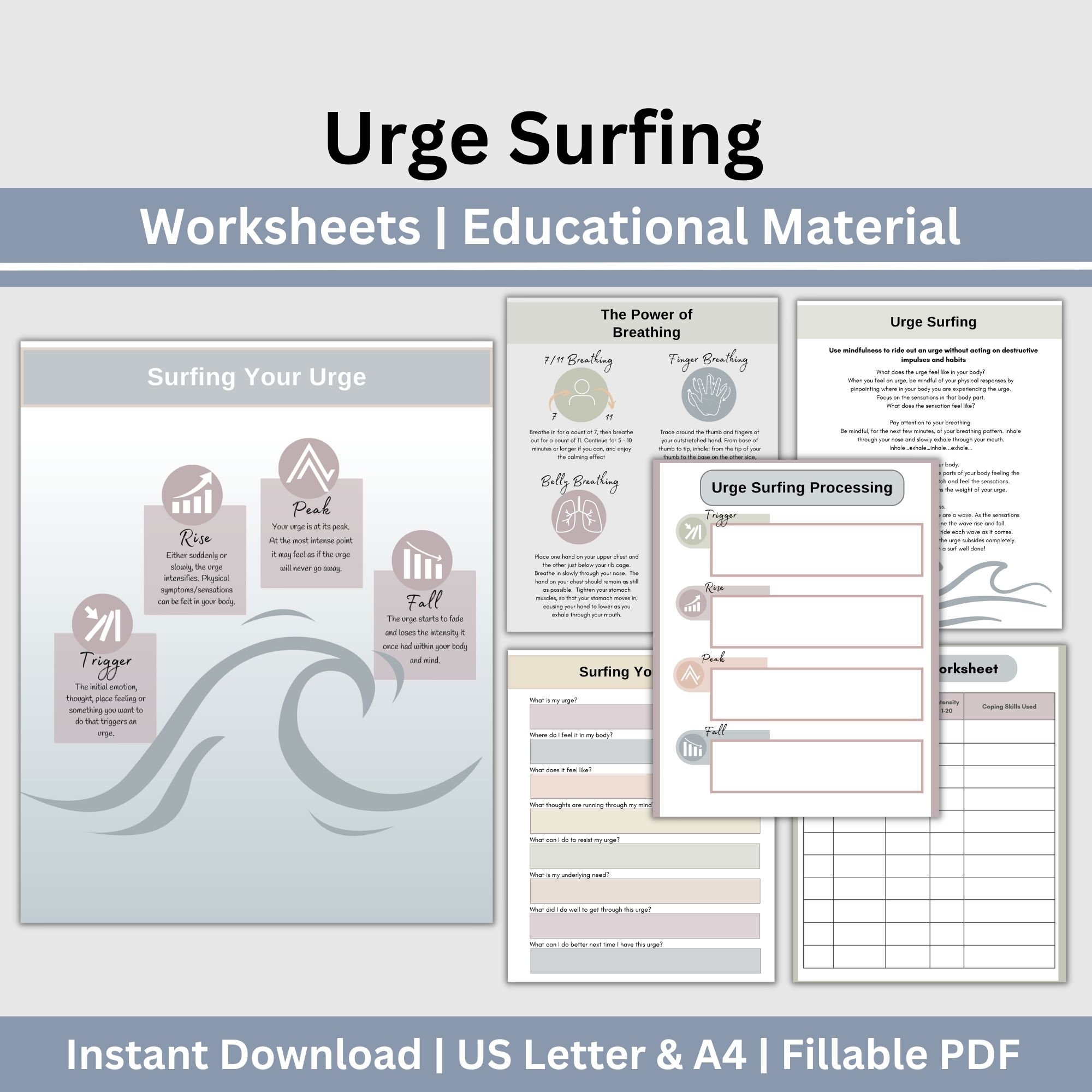 Urge Surfing CBT Worksheets Addiction Recovery Relapse Prevention printable fillable Etsy