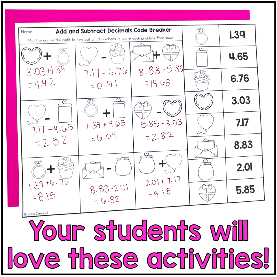 Valentine s Day Adding Subtracting Decimals 5th Grade Math Worksheets Chloe Campbell Education