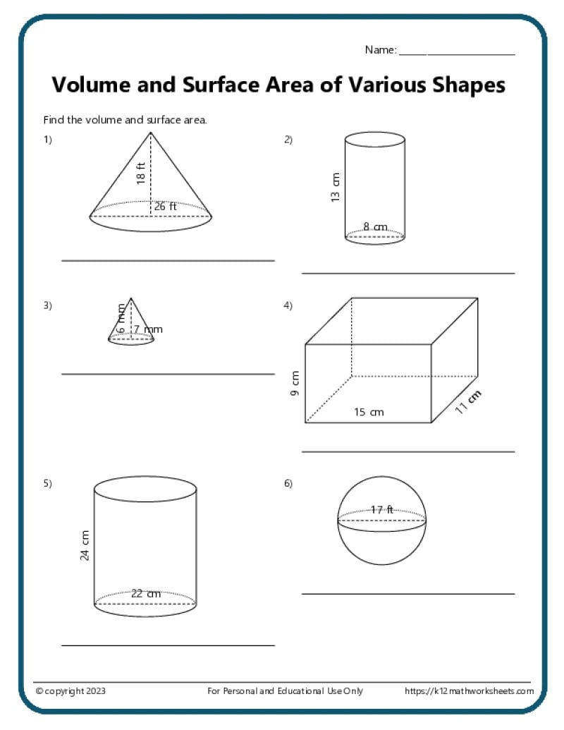 Volume And Surface Area Of Various Shapes K12 Math Worksheets