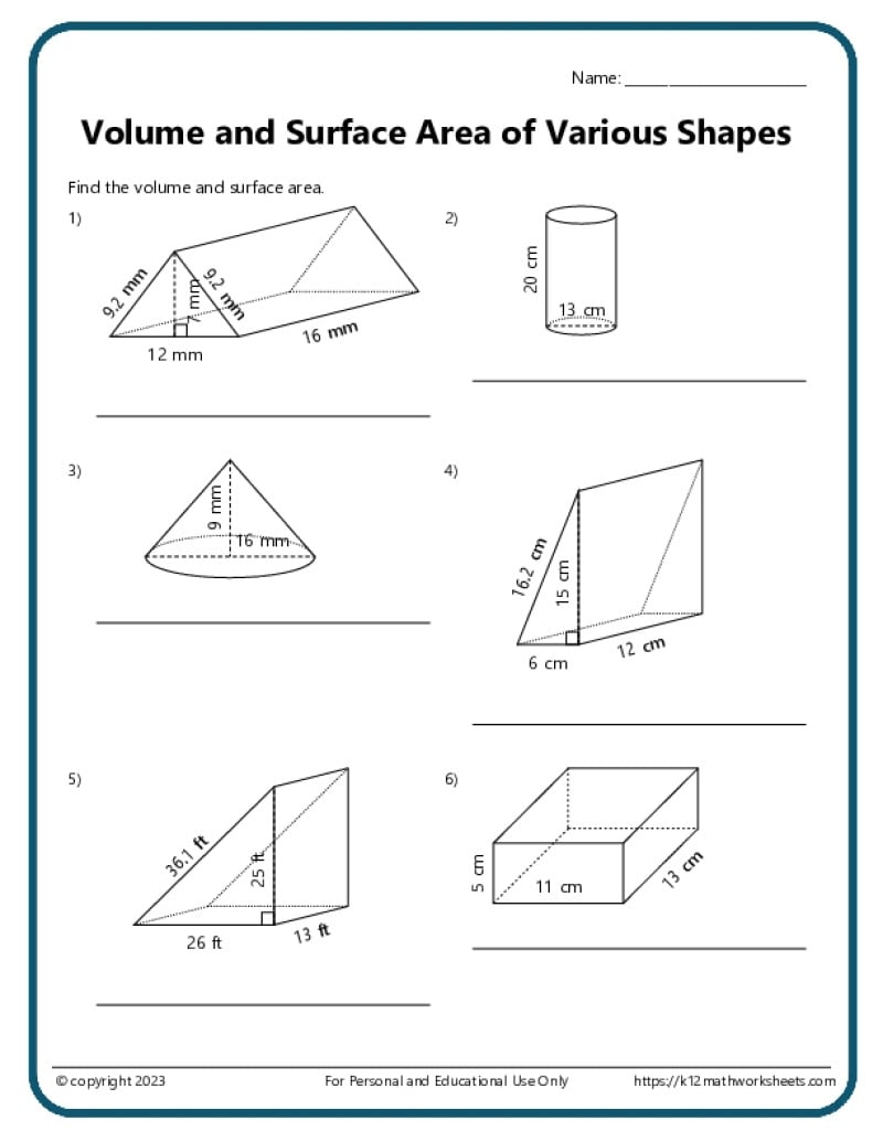 Volume And Surface Area Worksheets K12 Math Worksheets