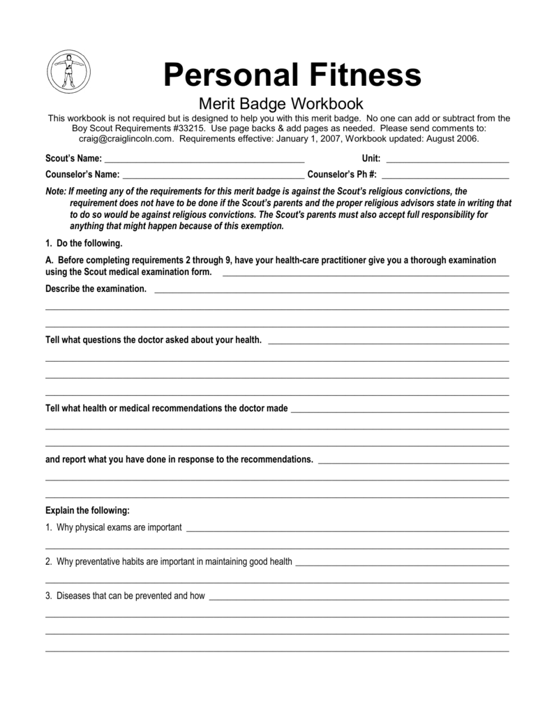 Work Sheet For Personal Fitness Merit Badge Worksheets Library