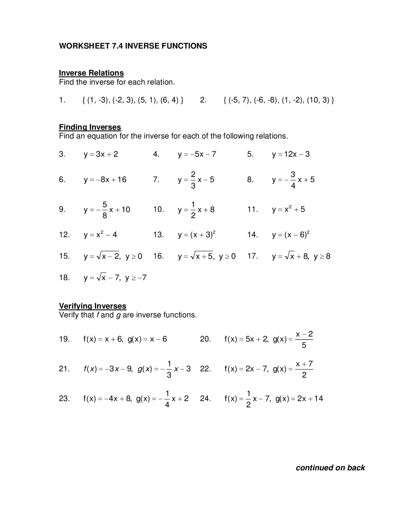 inverse functions worksheet