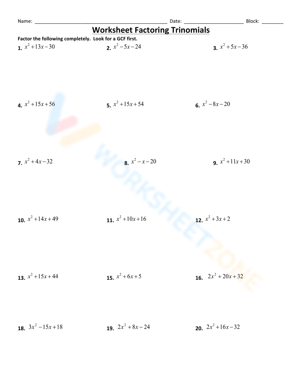 Worksheet Factoring Trinomials Worksheet Worksheets Library