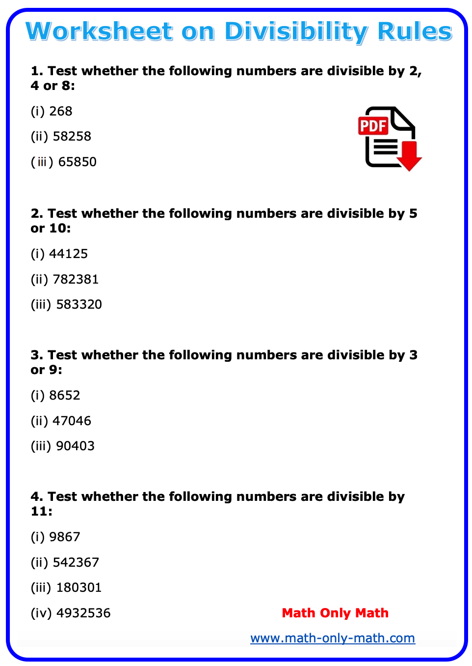 Worksheet On Divisibility Rules Questions On Test Of Divisibility Worksheet On Divisibility Rules Questions On Test Of Divisibility