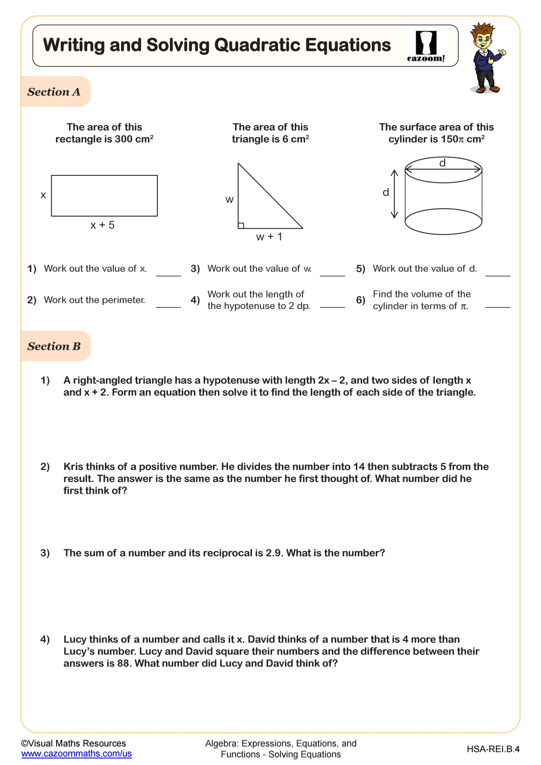 quadratic equations worksheet