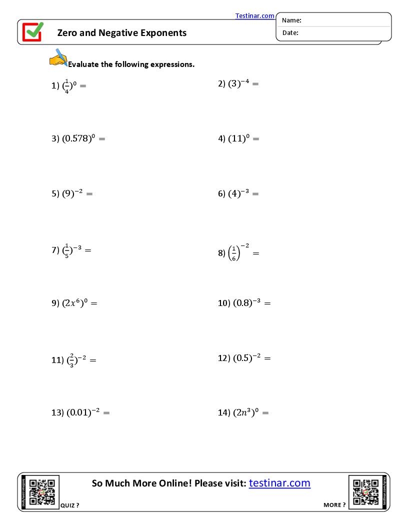 Zero And Negative Exponents Worksheets